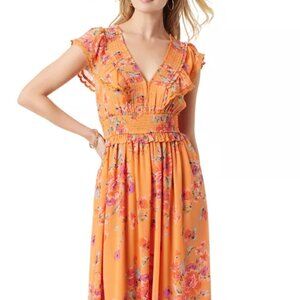 JESSICA SIMPSON'S PHILLIPA DRESS Floral-Print Ruffled Maxi Dress (MED)
